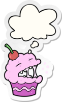 cartoon cupcake en gedachte bel als een gedrukte sticker png