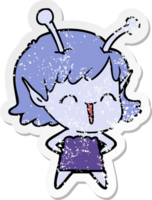 adesivo angustiado de uma garota alienígena de desenho animado rindo png