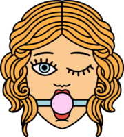 traditional tattoo of winking female face with ball gag png