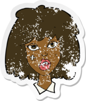retro distressed sticker of a cartoon woman with bruised face png