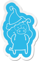 adesivo de desenho animado feliz de um porco usando chapéu de papai noel png