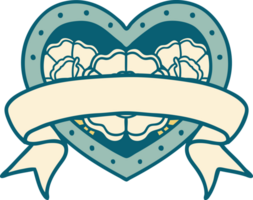 tattoo style icon of a heart and banner with flowers png