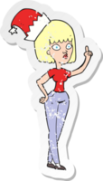 retro distressed sticker of a cartoon woman wearing christmas hat png