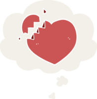 dessin animé coeur brisé et bulle de pensée dans un style rétro png