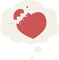 caricatura, corazón roto, y, burbuja del pensamiento, en, estilo retro png