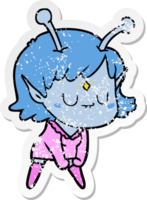 distressed sticker of a cartoon alien girl doing muscle pose png