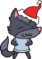 desenho de linha de um lobo mostrando dentes usando chapéu de papai noel png