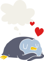cartoon penguin in love and thought bubble in retro style png