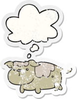 Cartoon-Hund und Gedankenblase als beunruhigter, abgenutzter Aufkleber png