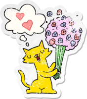 cartoon cat in love with flowers and thought bubble as a distressed worn sticker png