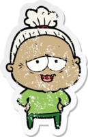 distressed sticker of a cartoon happy old lady png