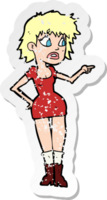 retro distressed sticker of a cartoon worried woman in dress pointing png