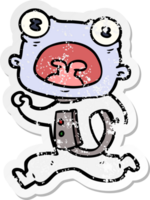 distressed sticker of a cartoon weird alien running away png