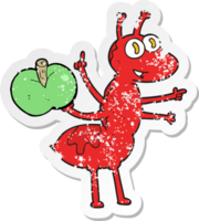 pegatina retro angustiada de una hormiga de dibujos animados con manzana png