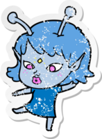 distressed sticker of a pretty cartoon alien girl png