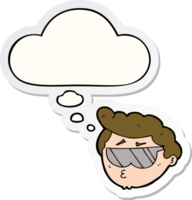 cartoon boy wearing sunglasses with thought bubble as a printed sticker png