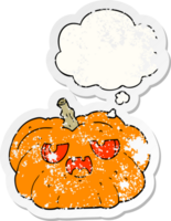 cartoon pumpkin with thought bubble as a distressed worn sticker png