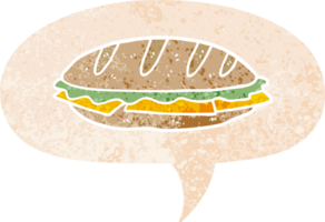 dessin animé fromage sandwich avec discours bulle dans grunge affligé rétro texturé style png