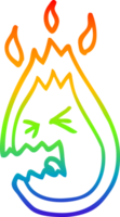 rainbow gradient line drawing of a cartoon screaming flame png