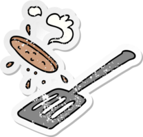 hand drawn distressed sticker cartoon doodle of a burger being flipped png