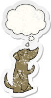 cartoon dog with thought bubble as a distressed worn sticker png