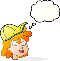 hand drawn thought bubble cartoon woman wearing cap png