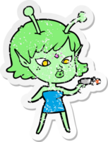 pegatina angustiada de una linda chica alienígena de dibujos animados png