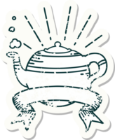 worn old sticker of a tattoo style steaming teapot png