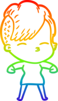 rainbow gradient line drawing of a cartoon squinting girl png