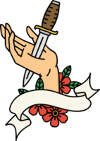 traditional tattoo with banner of a dagger in the hand png