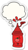 cartone animato ketchup bottiglia con pensato bolla come un' stampato etichetta png