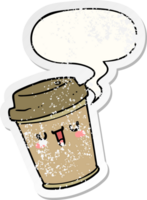 cartoon take out coffee with speech bubble distressed distressed old sticker png