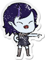 distressed sticker of a cartoon vampire girl pointing and laughing png