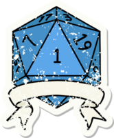 grunge sticker of a natural one d20 dice roll png