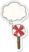 cartoon lollipop with thought bubble as a distressed worn sticker png