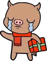 porco dos desenhos animados chorando sobre o presente de natal png