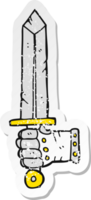retro distressed sticker of a cartoon hand holding sword png
