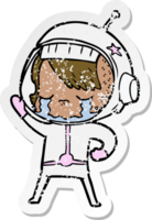 pegatina angustiada de una niña astronauta llorando de dibujos animados png