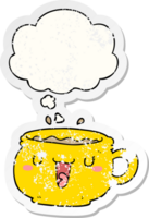 linda dibujos animados café taza con pensamiento burbuja como un afligido desgastado pegatina png