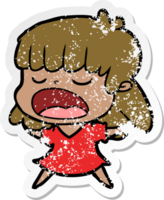 distressed sticker of a cartoon woman talking loudly png