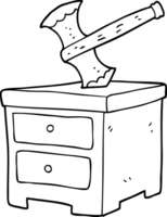 hand drawn black and white cartoon axe buried in chest of drawers png