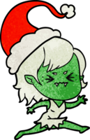 annoyed hand drawn textured cartoon of a vampire girl wearing santa hat png