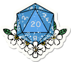 grunge sticker of a natural 20 D20 dice roll with floral elements png
