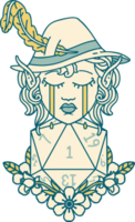 Retro Tattoo Style crying elf bard character with natural one D20 roll png