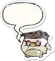 desenho animado esperto velho coruja com discurso bolha angustiado angustiado velho adesivo png
