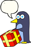 Hand gezeichnet Comic Buch Rede Blase Karikatur Pinguin mit Weihnachten Geschenk png