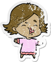 distressed sticker of a cartoon girl pulling face png