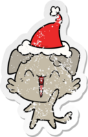 happy little dog hand drawn distressed sticker cartoon of a wearing santa hat png