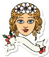 grunge sticker met banier van vrouw gezicht met kroon van bloemen png