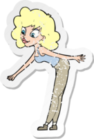 Retro-Distressed-Sticker einer Cartoon-Frau, die etwas aufheben will png